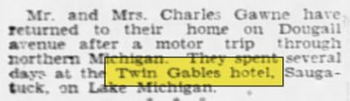 Hotel Saugatuck (Twin Gables Hotel) - July 1929 Ad